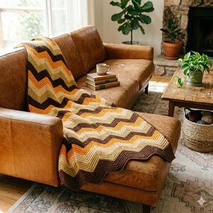 Handmade Crochet Chevron Afghan Blanket Retro 70s Earth Tones Orange Brown